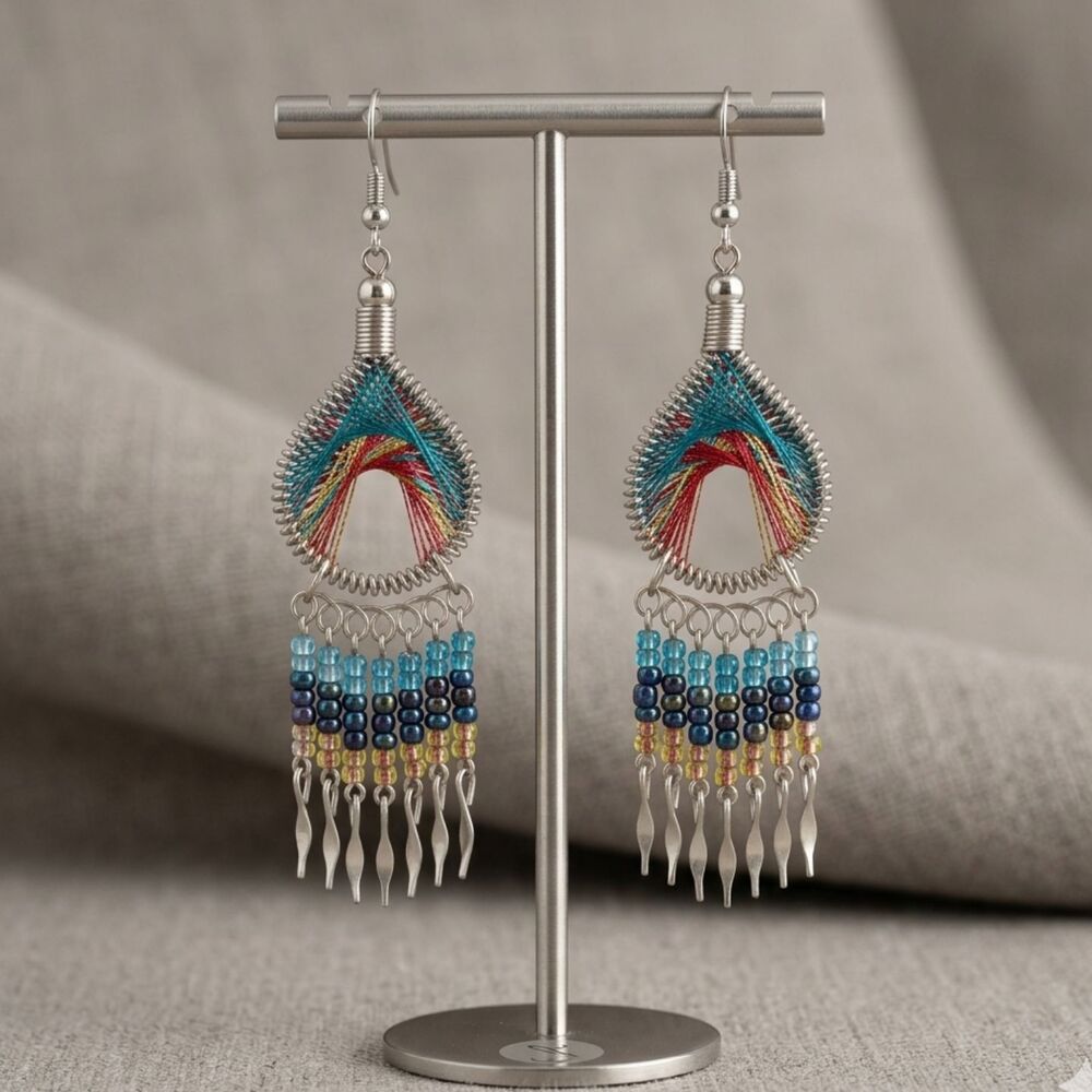 Boho Beaded Drop Earrings Colorful Thread Wrapped Teardrop Tassel Ethnic Tribal